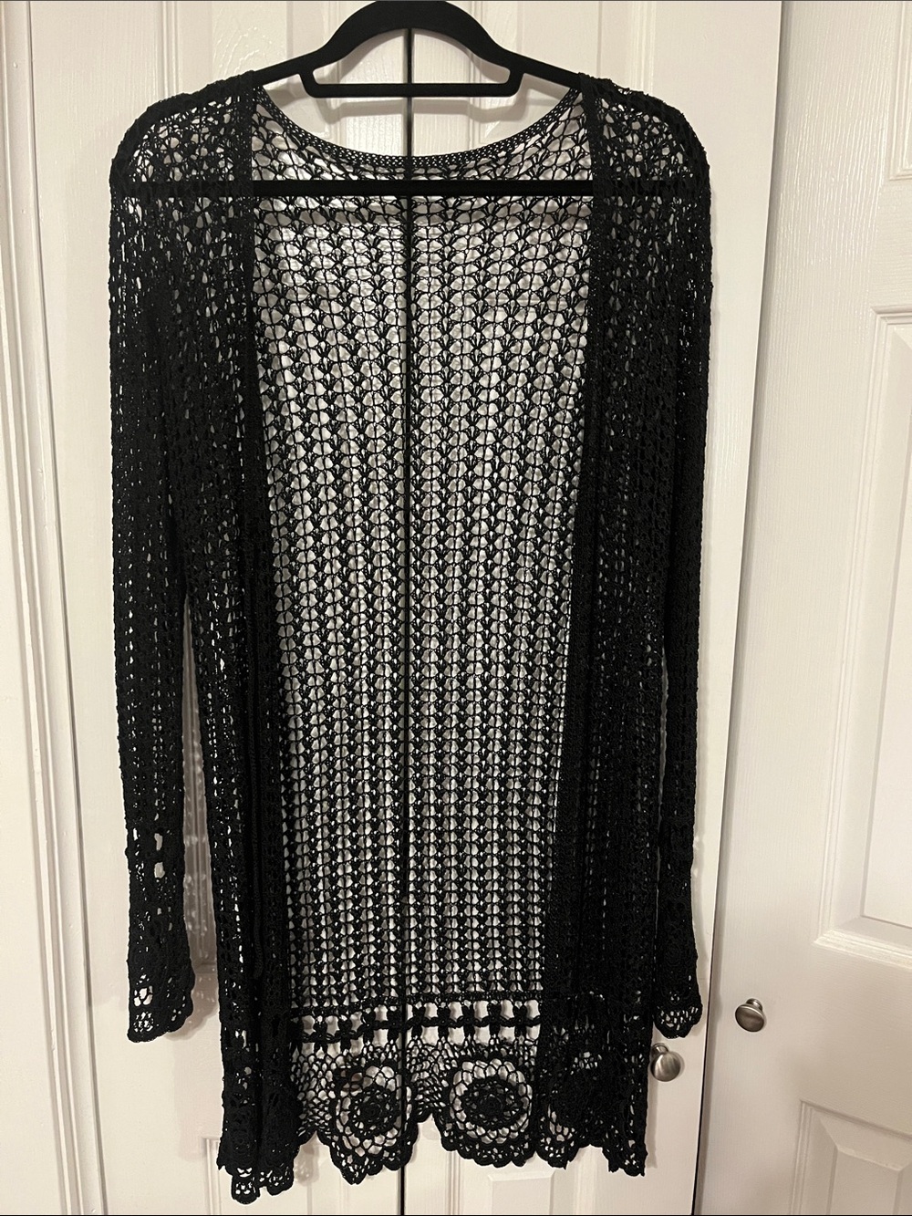Black Crochet Open-Knit Long Cardigan